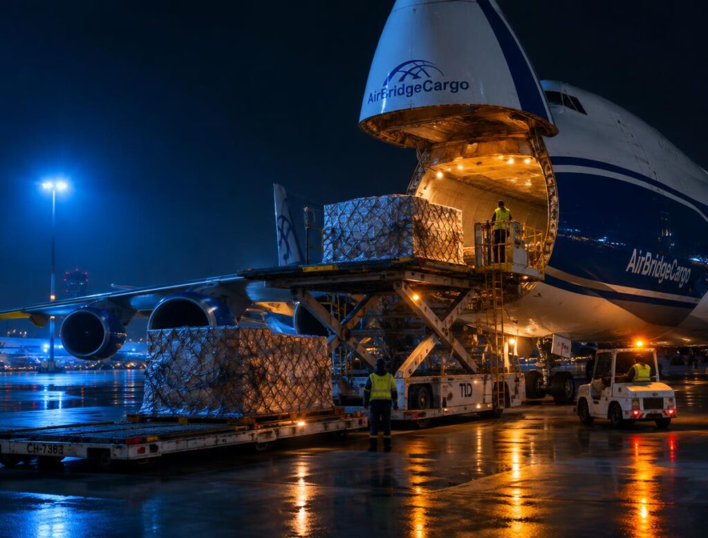 Air freight cargo being loaded onto a plane