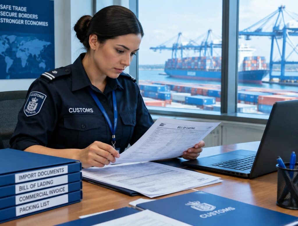 Customs officer reviewing import documents