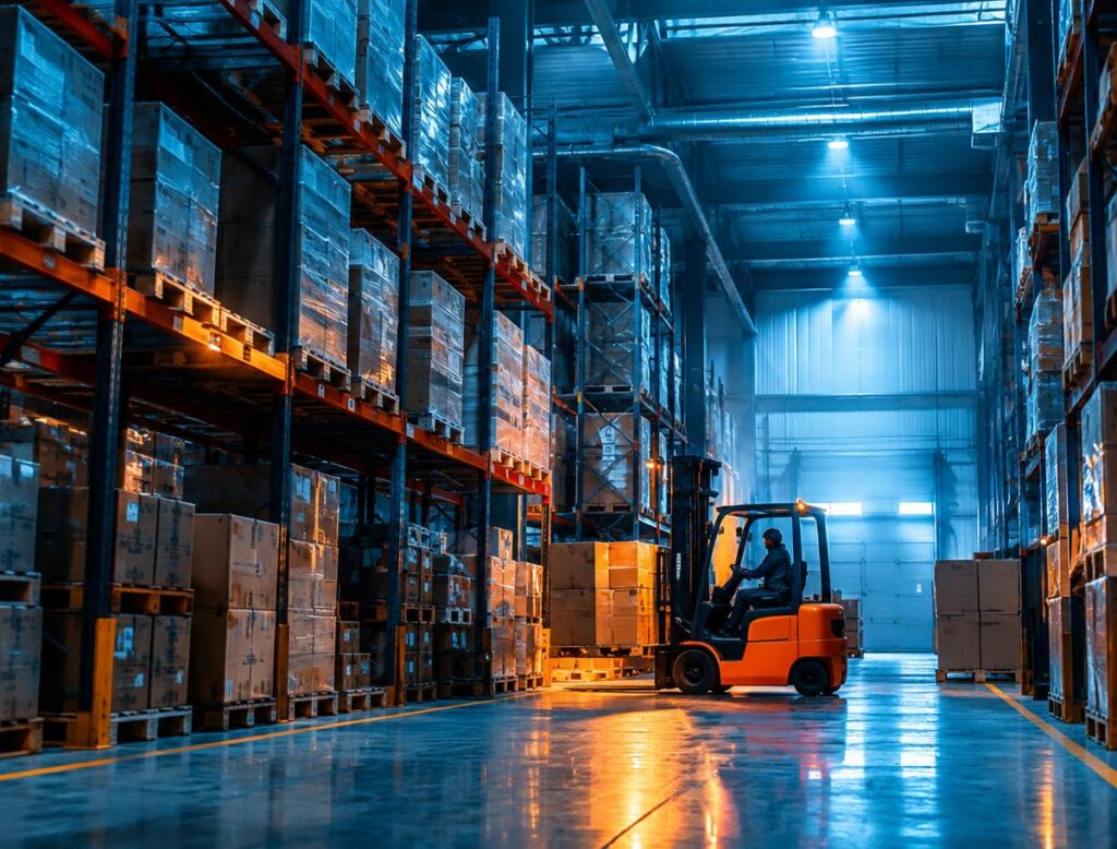 Warehouse with stacked cargo pallets